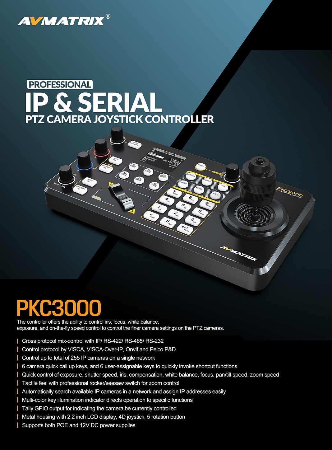 PKC3000 Professional IP & Serial PTZ Camera Joystick Controller