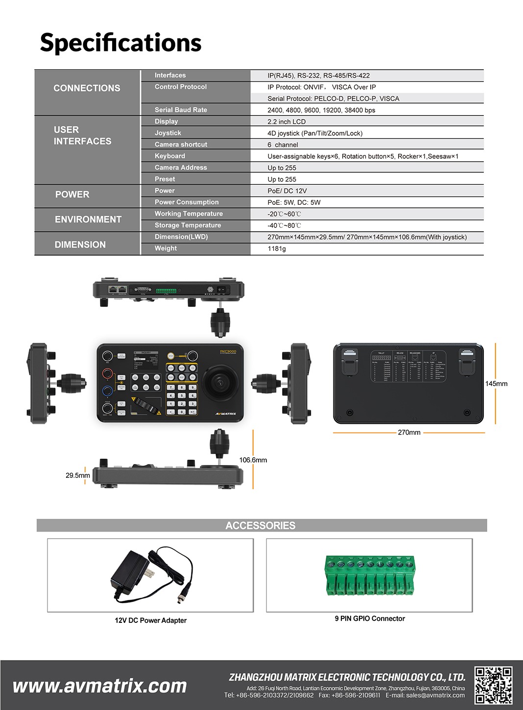 PKC3000 Professional IP & Serial PTZ Camera Joystick Controller