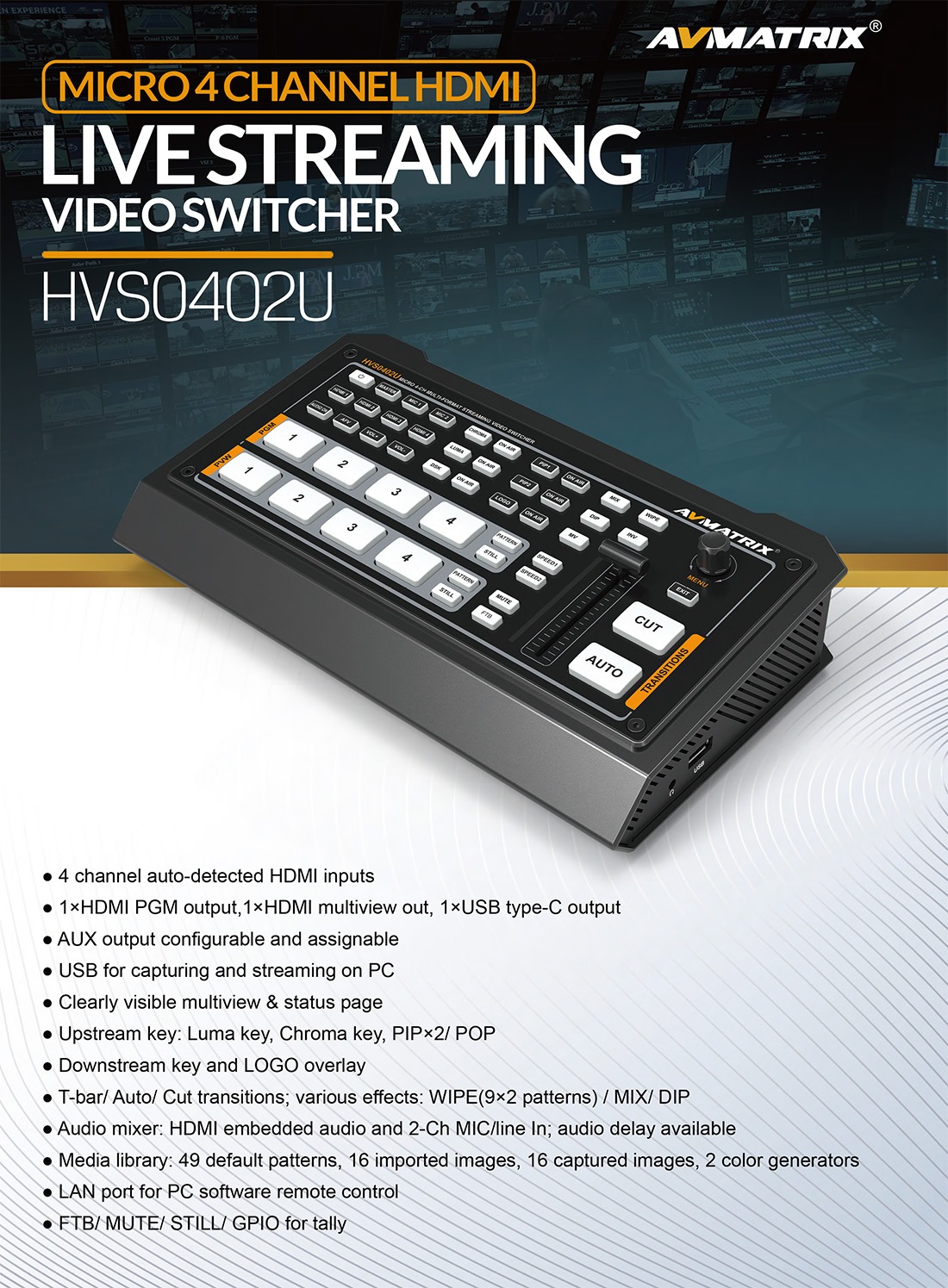 HVS0402U MICRO 4 CHANNEL HDMI LIVE STREAMING VIDEO SWITCHER