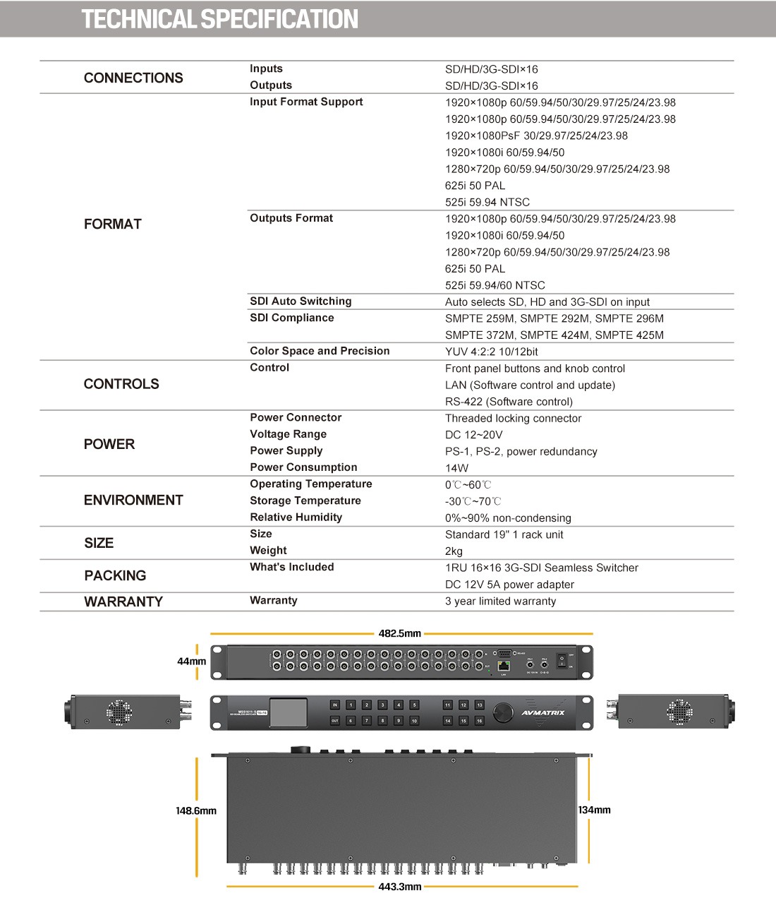 MSS1611-S 16×16 Seamless SDI Matrix Switcher