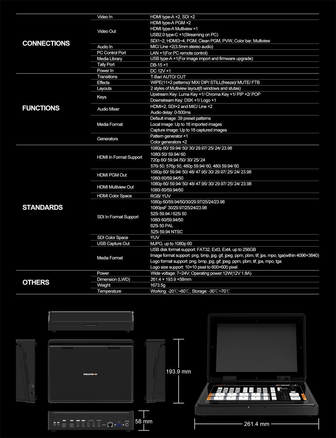 PVS0403U Portable 10.1 inch 4-CH SDI&HDMI Video Switcher