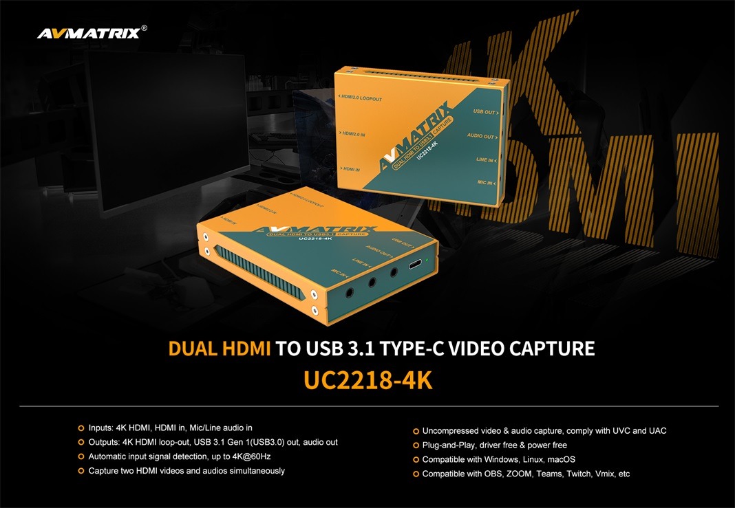 UC2218-4K Dual HDMI to USB 3.1 Type-C Video Capture