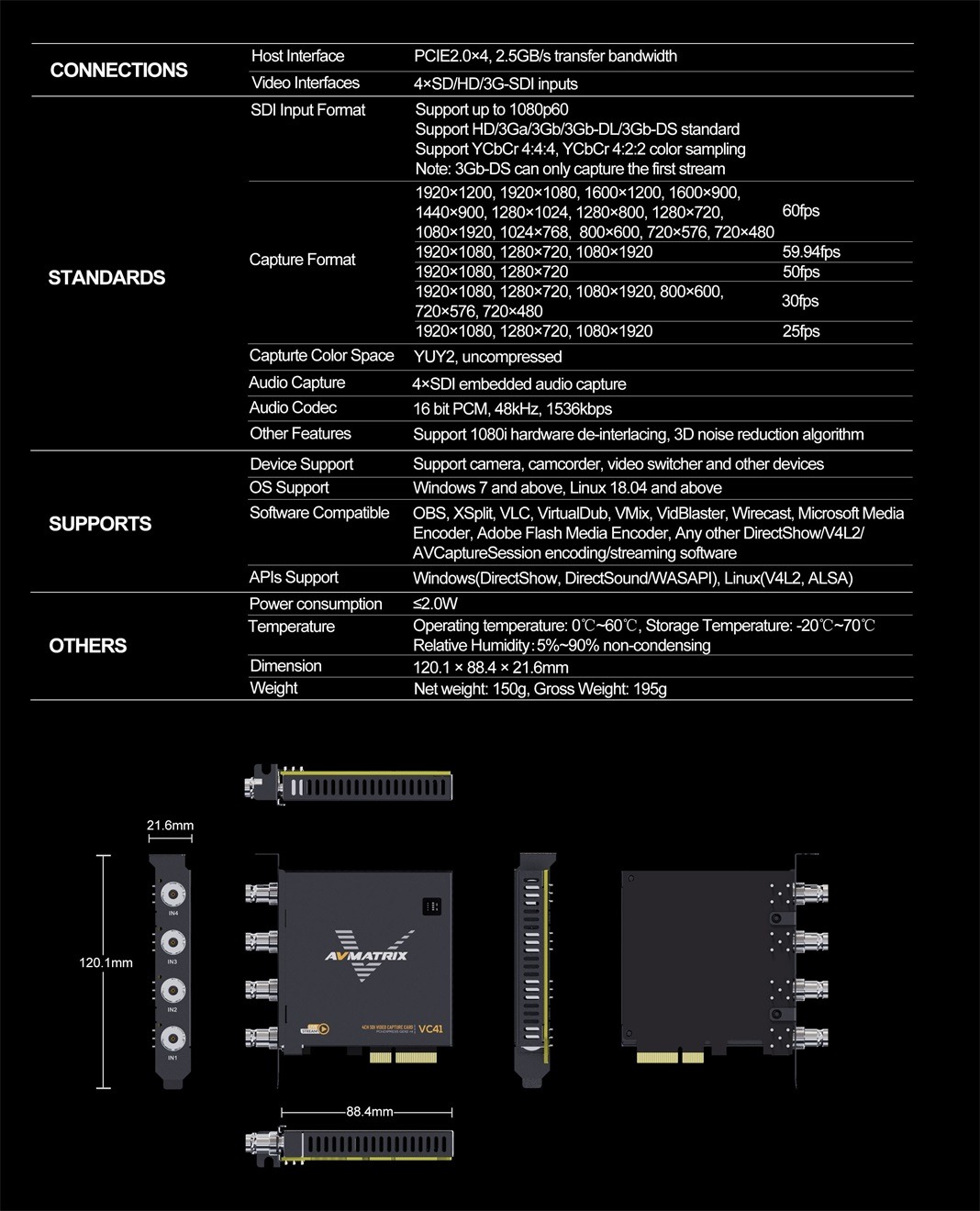 VC41 4-CH 3G-SDI PCIE Capture Card