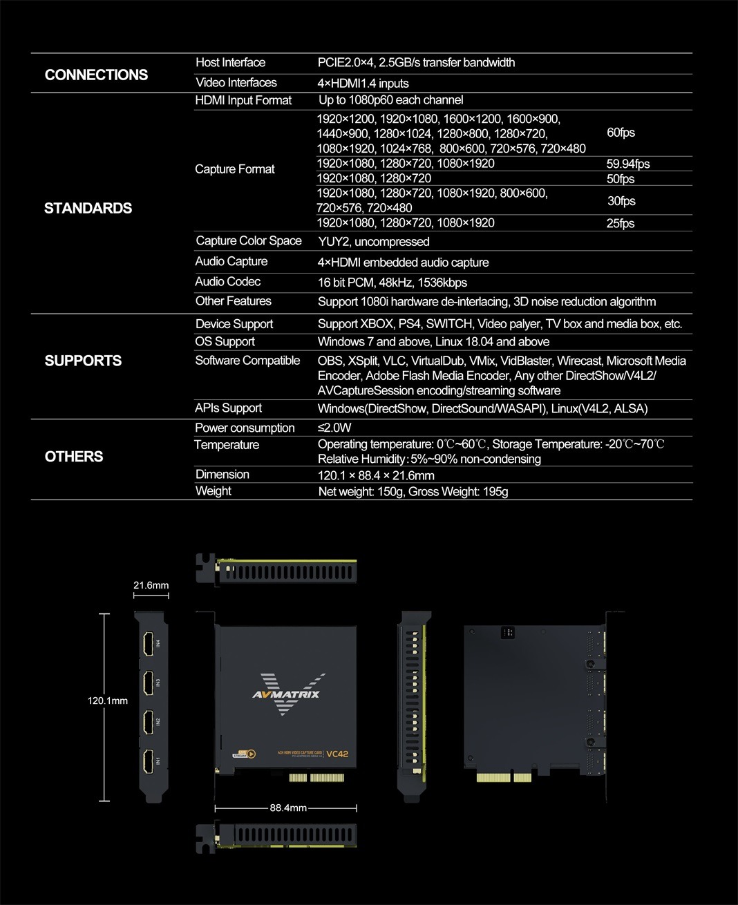 VC42 4-CH HDMI PCIE Capture Card