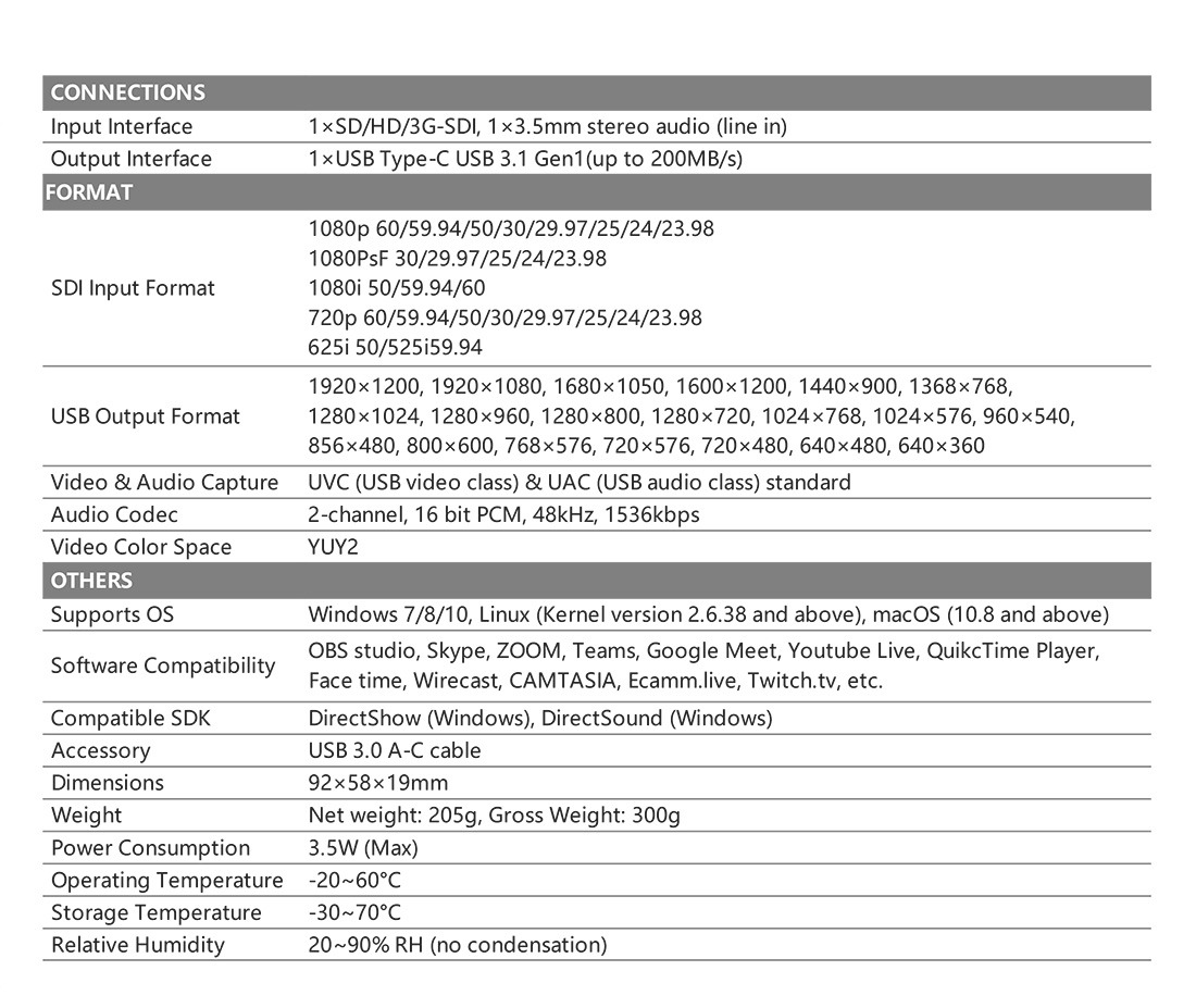 UC1118 SDI to USB3.1 TYPE-C Uncompressed Video Capture