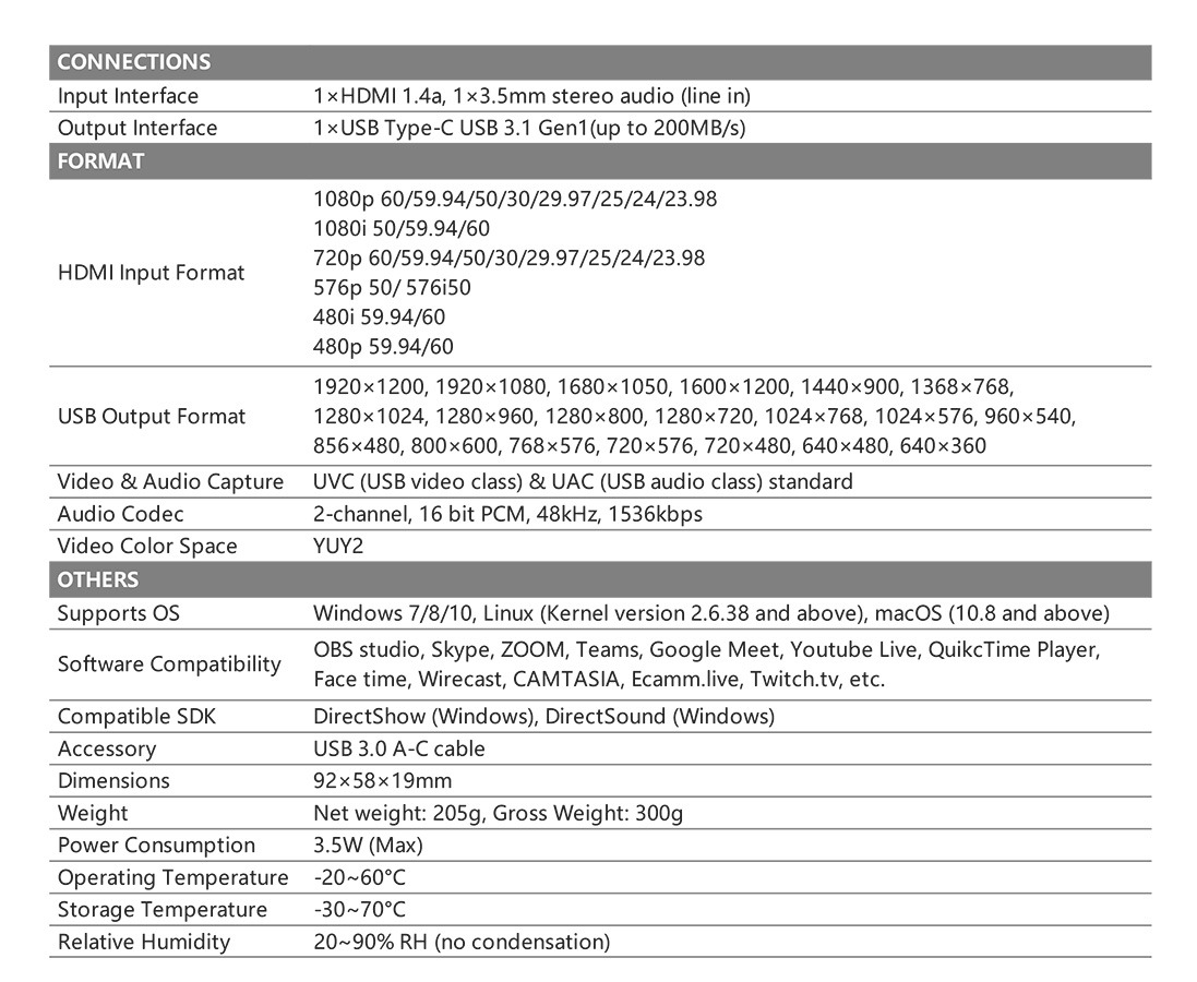 UC1218 HDMI to USB3.1 TYPE-C Uncompressed Video Capture