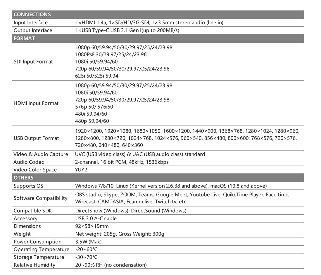 UC2018 HDMI/SDI to USB3.1 TYPE-C Uncompressed Video Capture