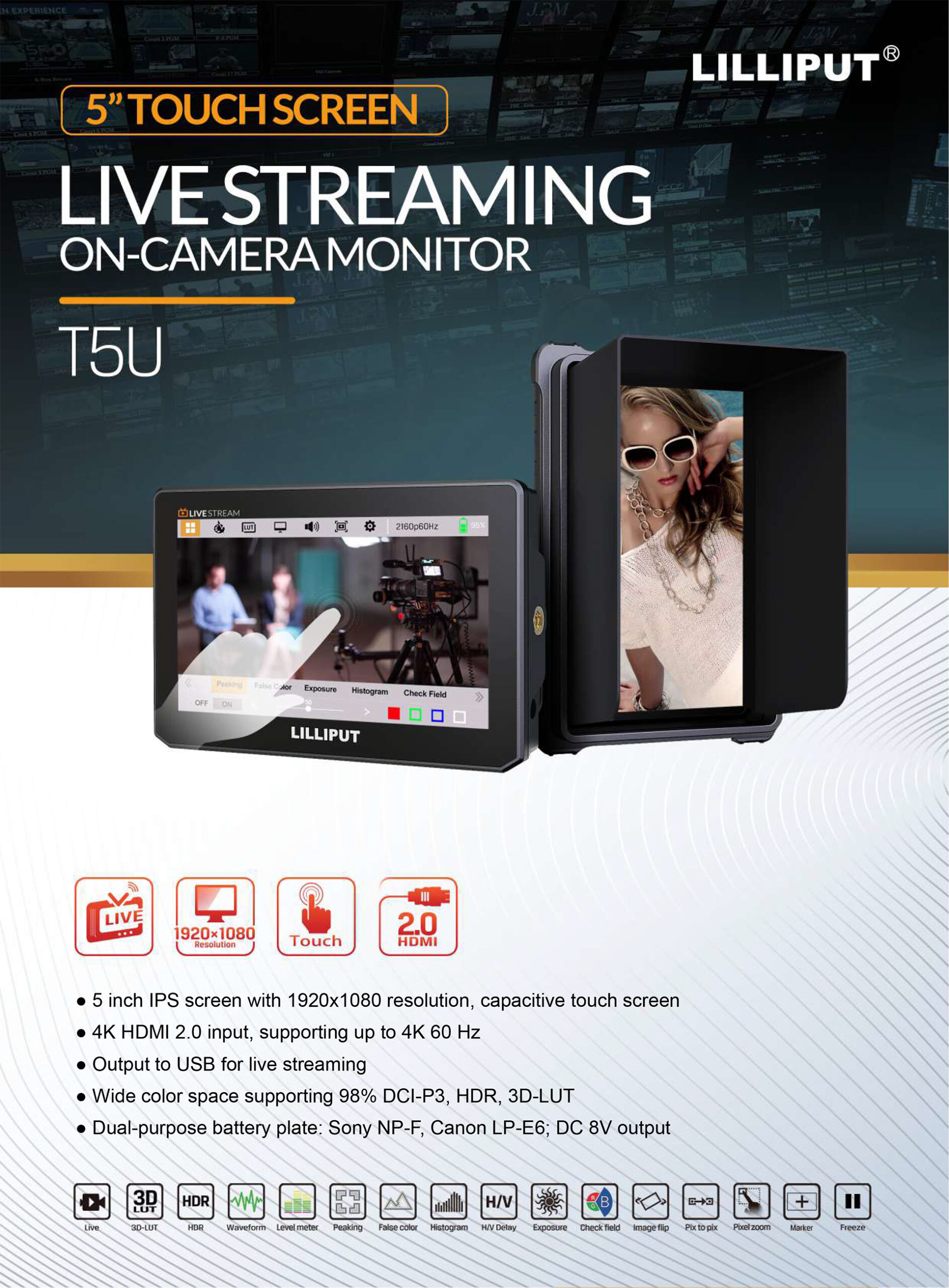 T5U 5 inch live streaming on-camera touch monitor