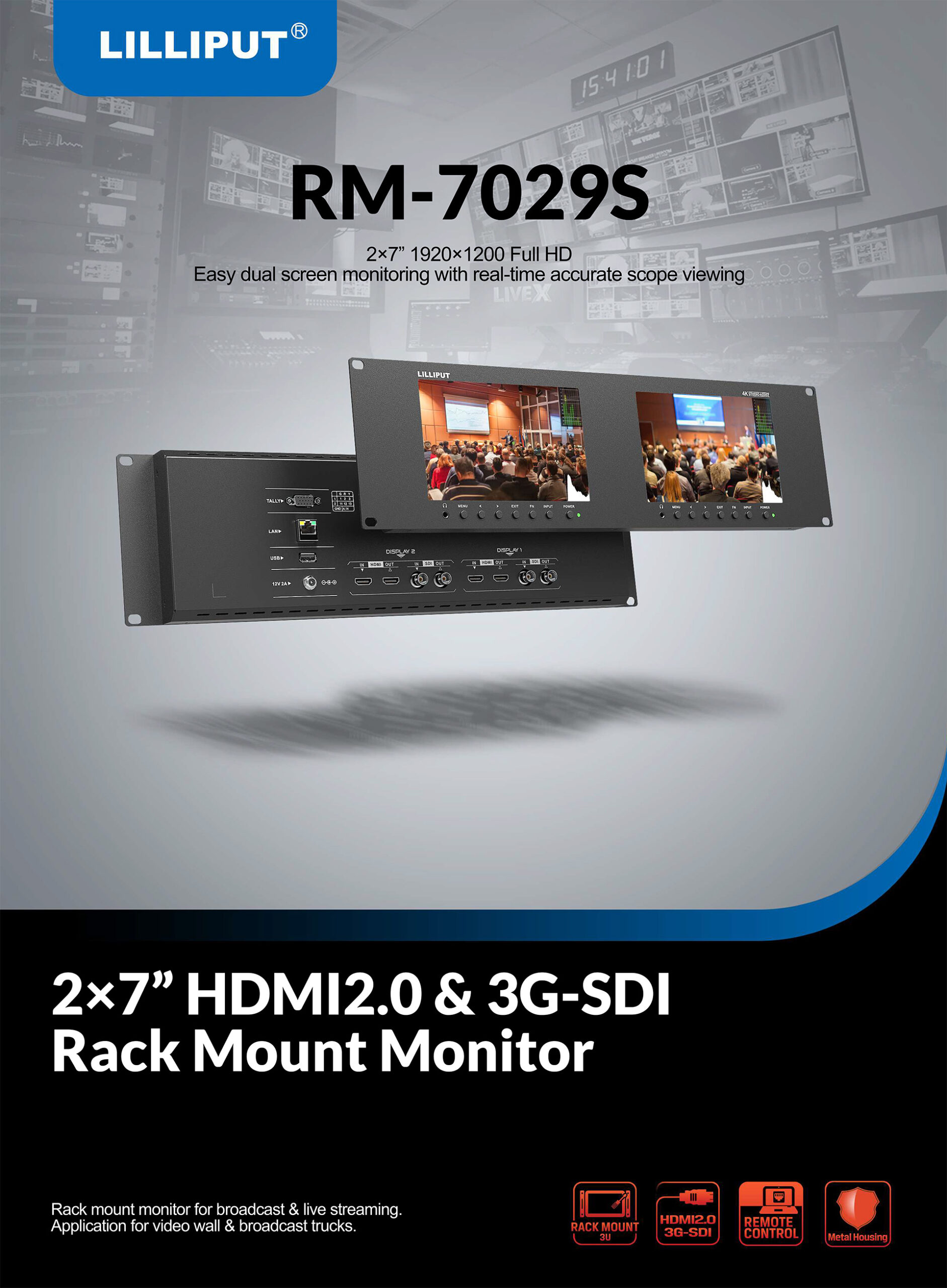 RM-7029S Dual 7 inch 3RU rackmount monitor with 3G-SDI /HDMI 2.0