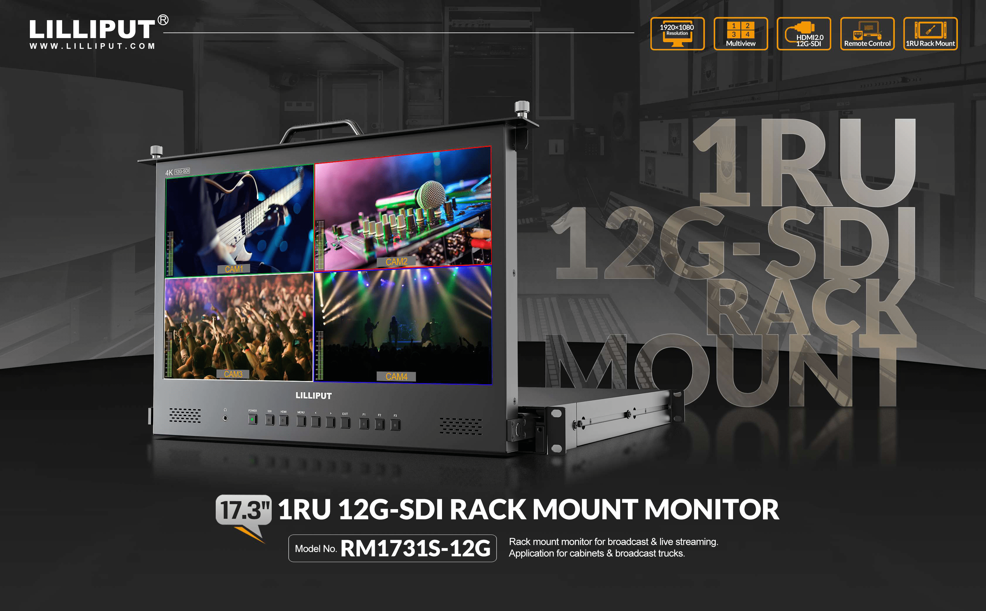 RM-1731S 17.3 inch 3G-SDI 1RU Pull-out rackmount monitor