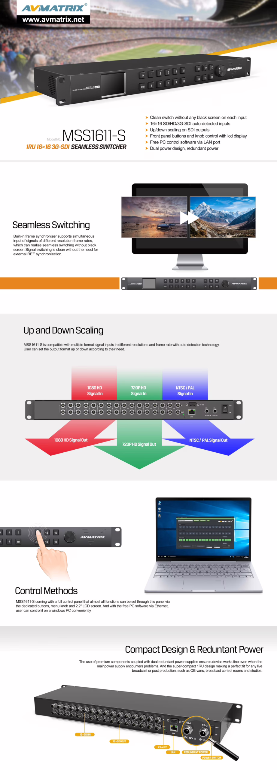 Compact 1RU 16×16 3G-SDI Seamless Matrix Switcher