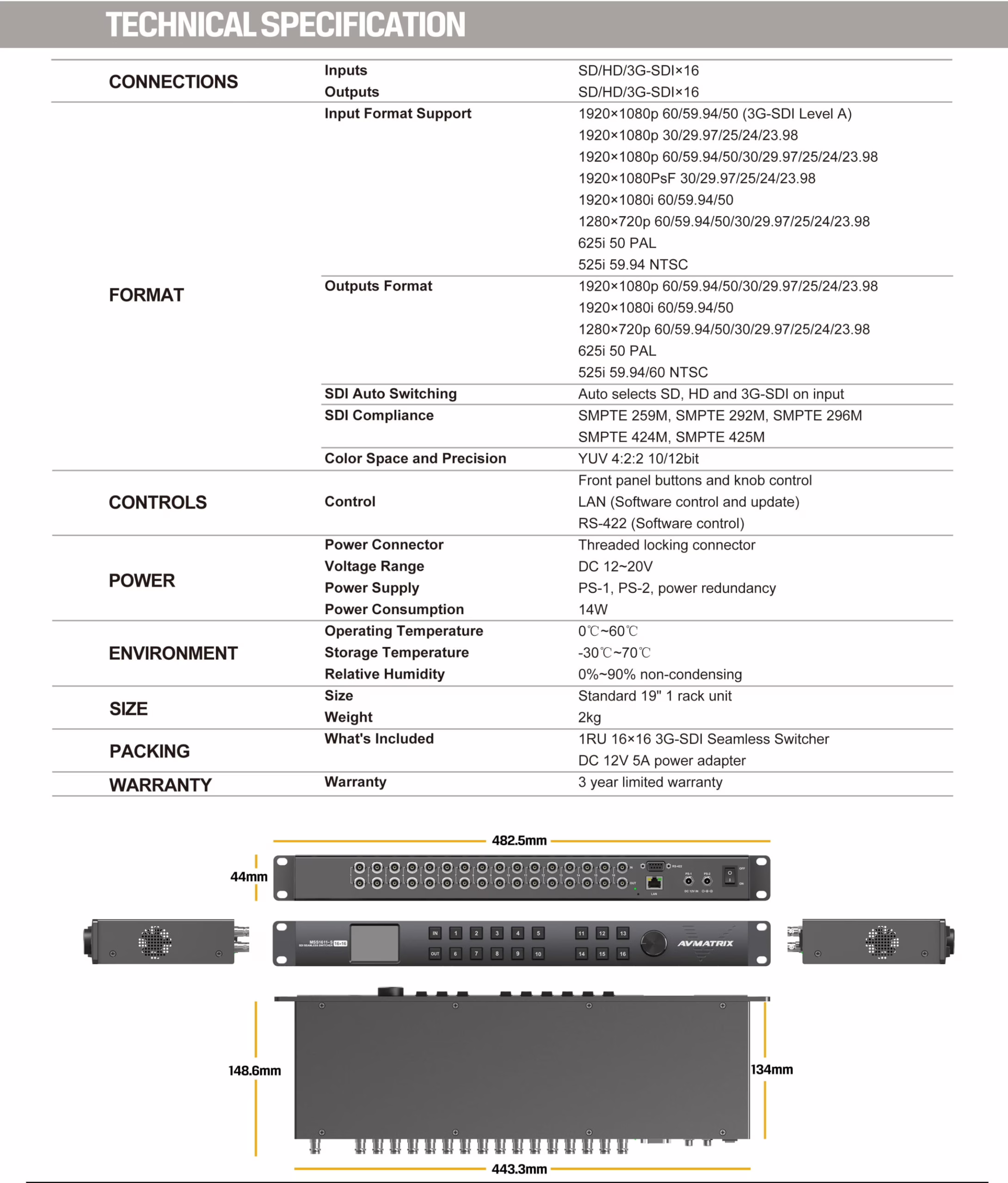 Compact 1RU 16×16 3G-SDI Seamless Matrix Switcher